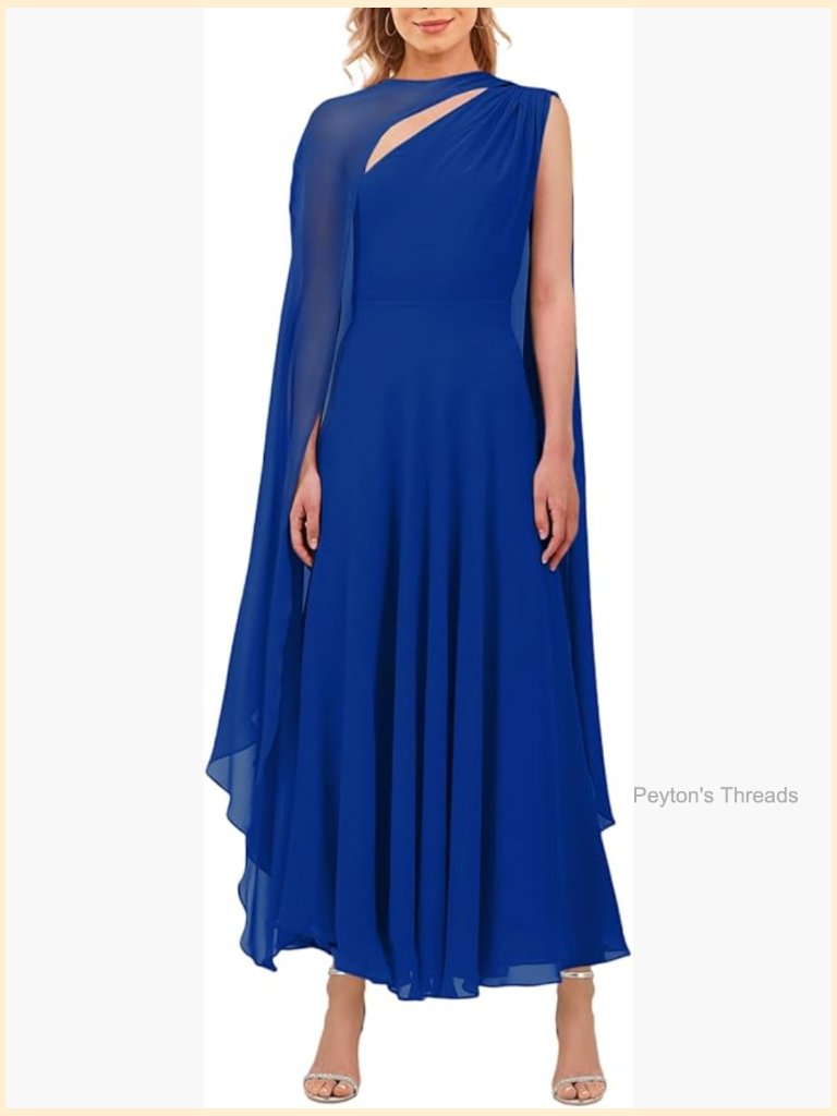 One Shoulder A-Line Flowy Maxi Dress With Cape Sleeve Mesh Formal Evening Party